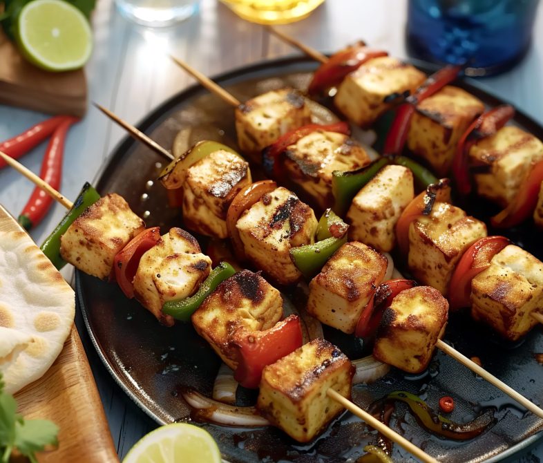 Several skewers of grilled food arranged neatly on a white plate placed on a wooden table. The skewers are loaded with a variety of meats, vegetables, and fruits.