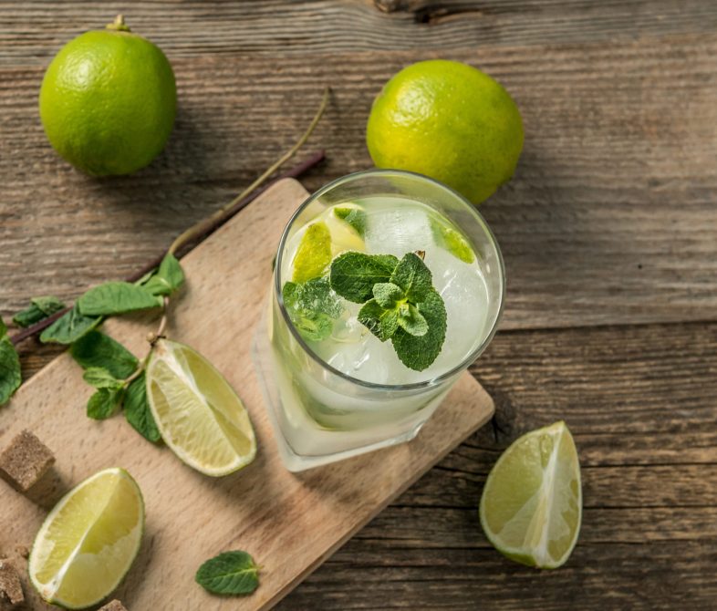 Lime cut on the board, glass of ice and mint, mojito being prepared, topview