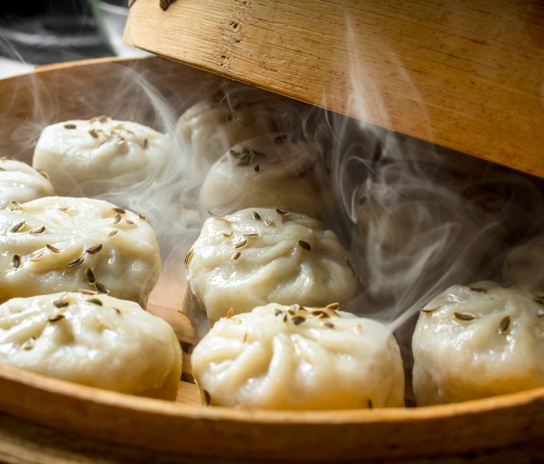 Fragrant hot dumplings of manta. On rustic background